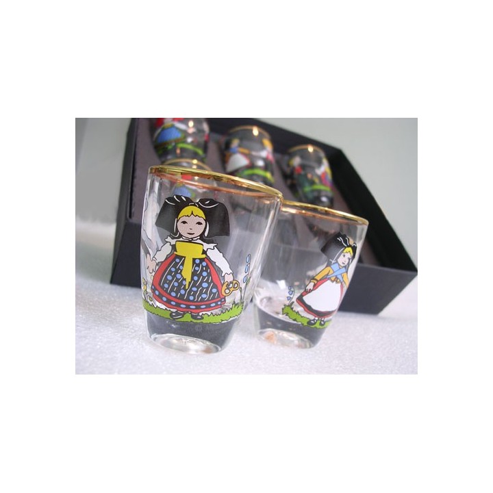 Coffret de 6 petits verres à eau de vie, motif Hansi