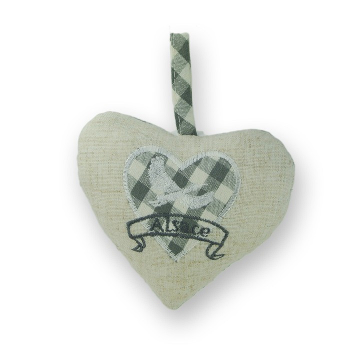 Coeur à suspendre Cigogne en vol gris, dos Vichy gris
