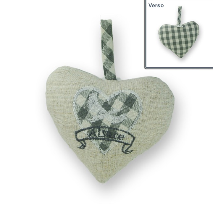 Coeur à suspendre Cigogne en vol gris, dos Vichy gris