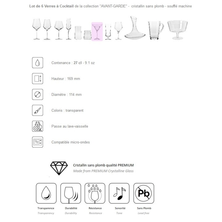 6 verres à Cocktail "AVANT-GARDE" 27 cl - cristallin sans plomb