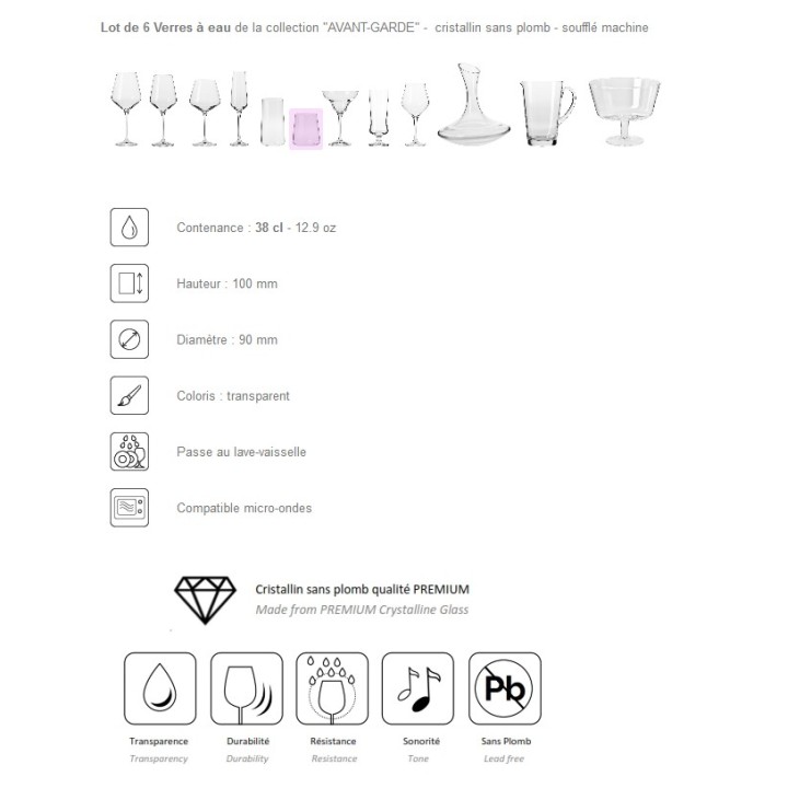 6 verres à eau "AVANT-GARDE" 38 cl - cristallin sans plomb