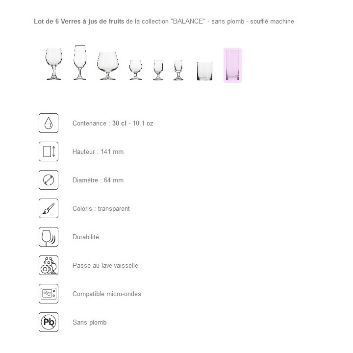 6 verres à sodas et jus de fruit "BALANCE" 30 cl