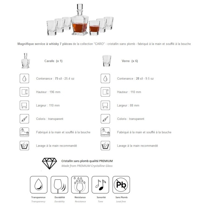 Coffret 7 pièces service à Whisky "CARO" - cristallin soufflé bouche