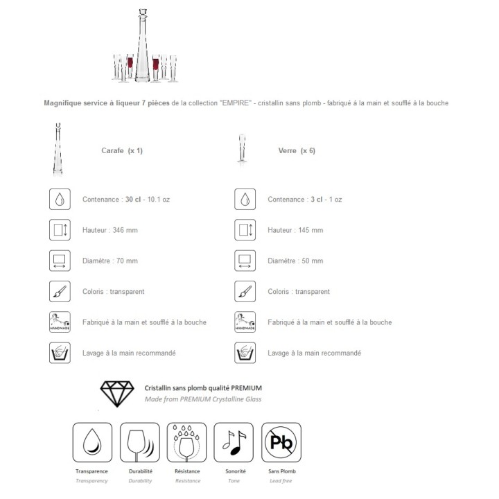 Coffret 7 pièces service à liqueur "EMPIRE" - cristallin soufflé bouche