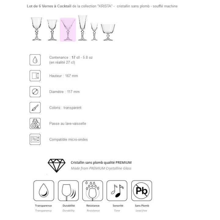 6 Verres à cocktail "KRISTA" 17 cl - cristallin sans plomb