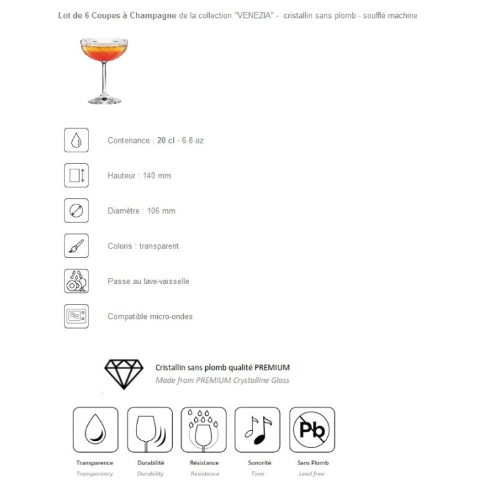 6 Coupes à champagne "VENEZIA" 20 cl - cristallin sans plomb