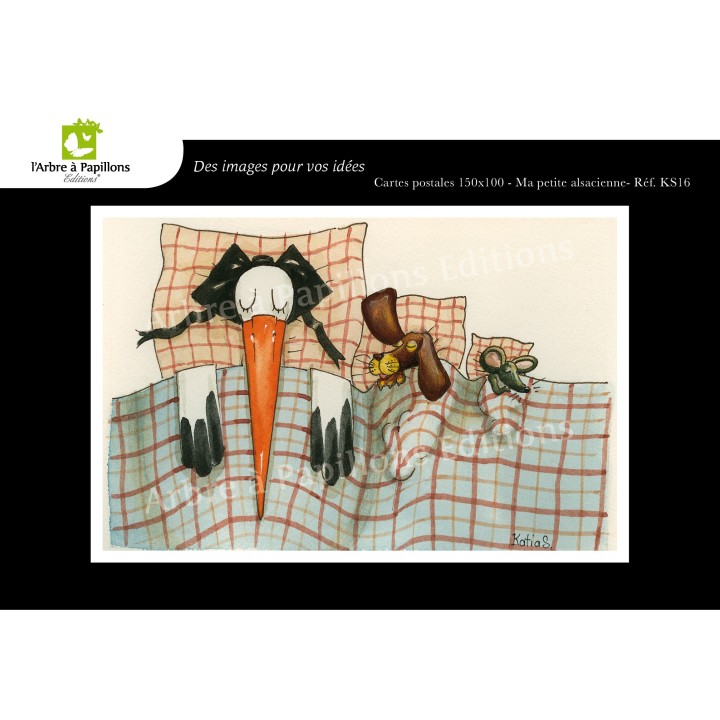 Lot de 5 cartes postales - Dessins Katia Schmitt - CIGOGNE HEUREUSE