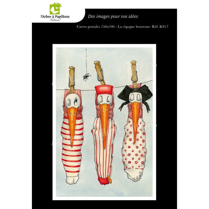 Lot de 5 cartes postales - Dessins Katia Schmitt - CIGOGNE HEUREUSE