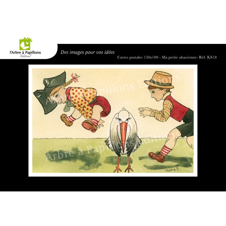 Lot de 5 cartes postales - Dessins Katia Schmitt - CIGOGNE HEUREUSE