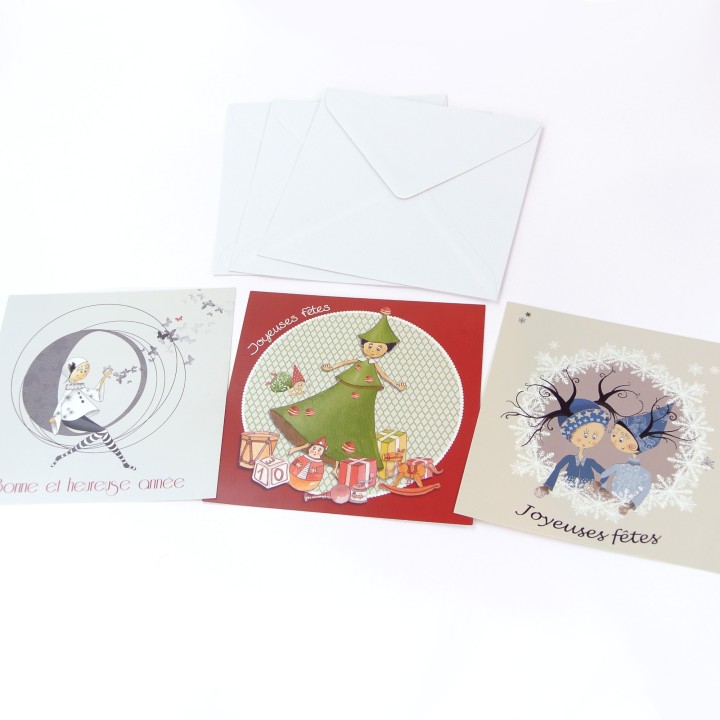 Lot de 3 cartes - Dessins Carine Grebill - VOEUX