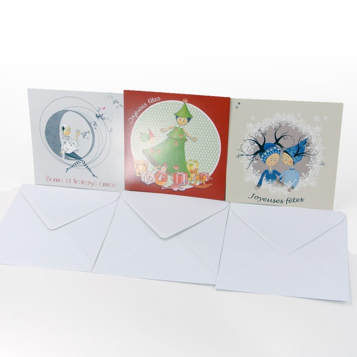 Lot de 3 cartes - Dessins Carine Grebill - VOEUX